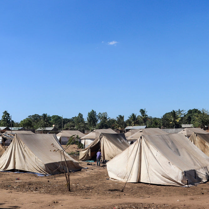 Row of tents set up in a field with a clear blue sky.